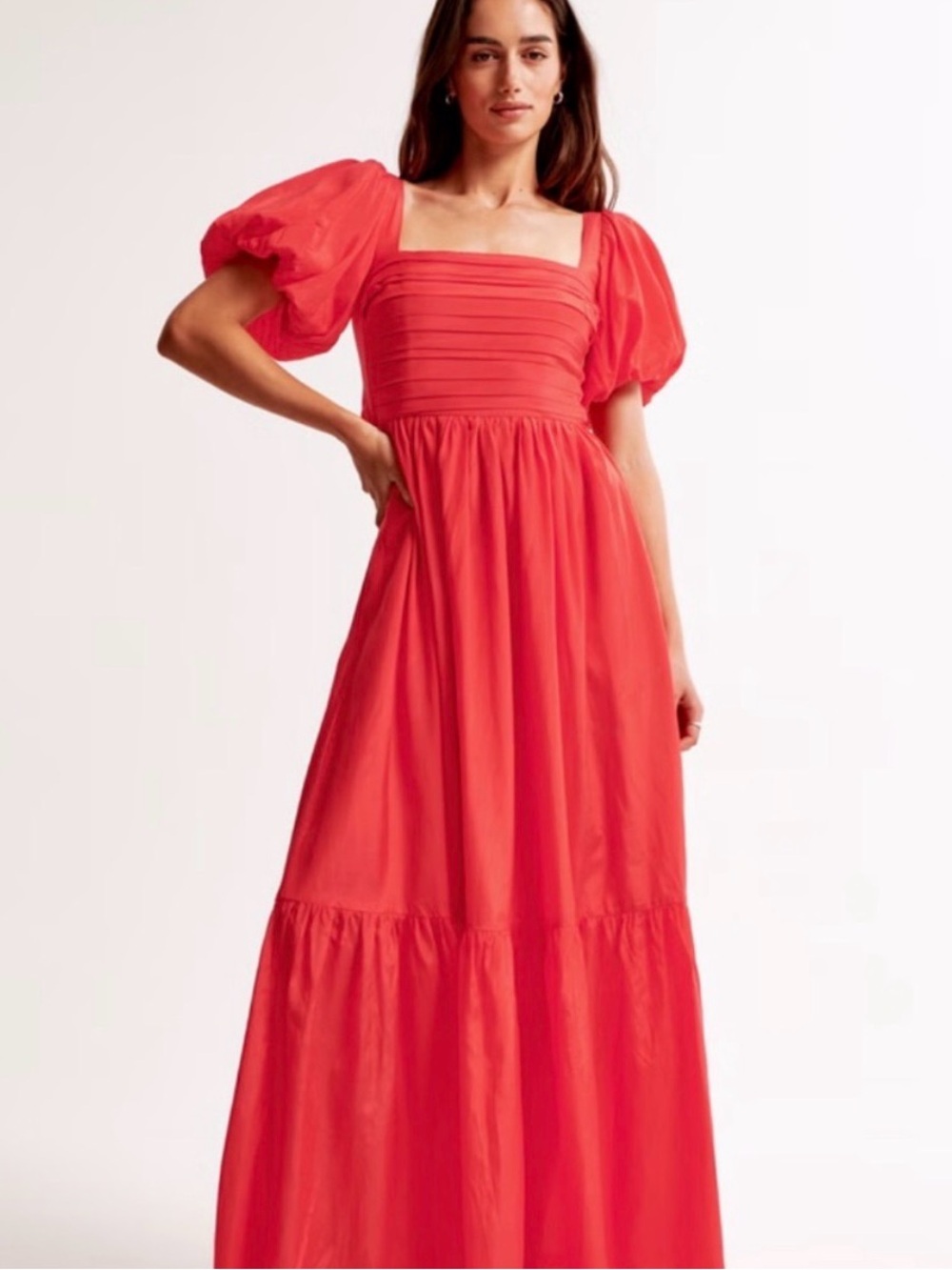 Abercrombie & Fitch Coral Puff-Sleeve Square-Neck Maxi Dress